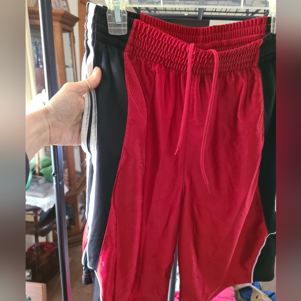 Red & Black Adidas Athletic Basketball Shorts. Tie Waist. Pockets. Gently Worn.